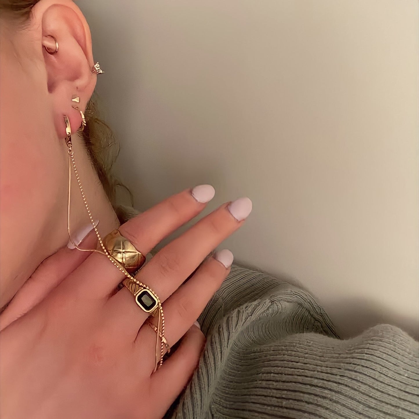 Drop Chain Honey Huggie Hoops